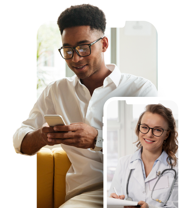 homem fazendo teleconsulta com uma medica ao lado